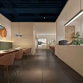 Modern Restaurant Interior With Dark Blue Ceiling Pendant Lights Pink Chairs Wooden Tables And Green Plants