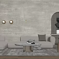 Modern Gray Sofa Coffee Table Set With Round Table Concrete Wall Circular Decor And Rug 3d model
