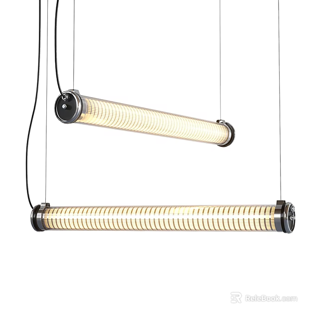 Two Modern Long Pendant Lights With Metal Frame And Warm Glow Hanging 3d model 
