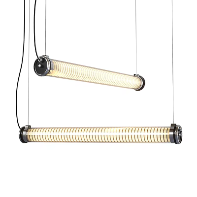 Two Modern Long Pendant Lights With Metal Frame And Warm Glow Hanging 3d model
