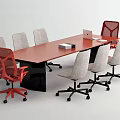 Brown Conference Table With Red And Gray Mesh Chairs Laptop And Box