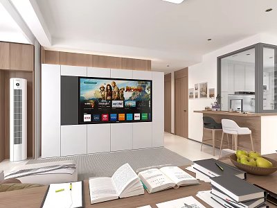 Modern Living and Dining Room Interior With Open Layout TV Wall Sofa and Books 3d model