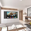 Modern Living and Dining Room Interior With Open Layout TV Wall Sofa and Books