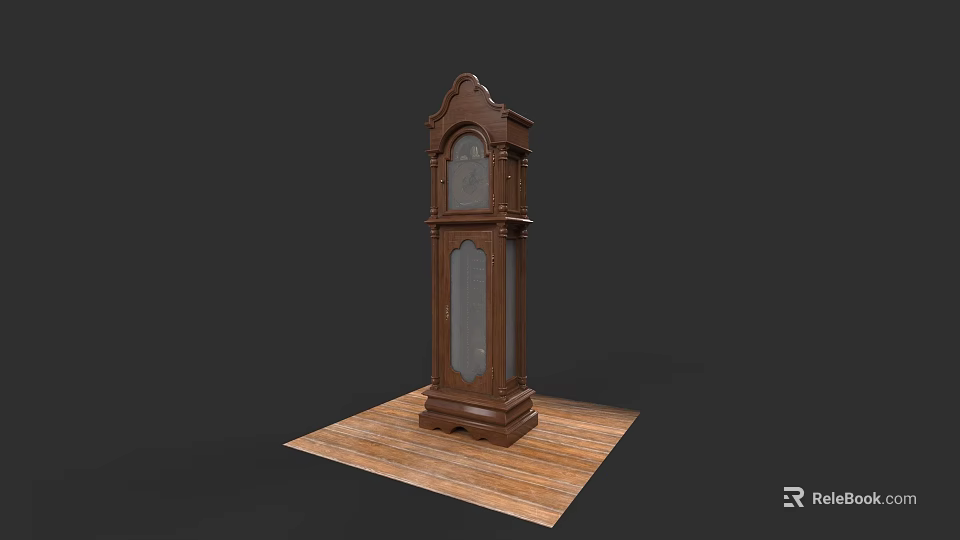 Tall Brown Wooden Grandfather Clock On Wooden Floor With Dark Background 3d model 