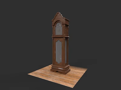 Tall Brown Wooden Grandfather Clock On Wooden Floor With Dark Background 3d model