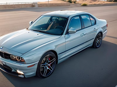 Silver BMW Sedan With Sporty Wheels And Red Brake Calipers On Open Road 3d model