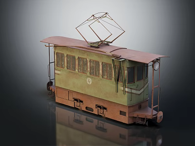 Vintage Tram With Green And Brown Exterior Overhead Trolley Pole And Windows 3d model