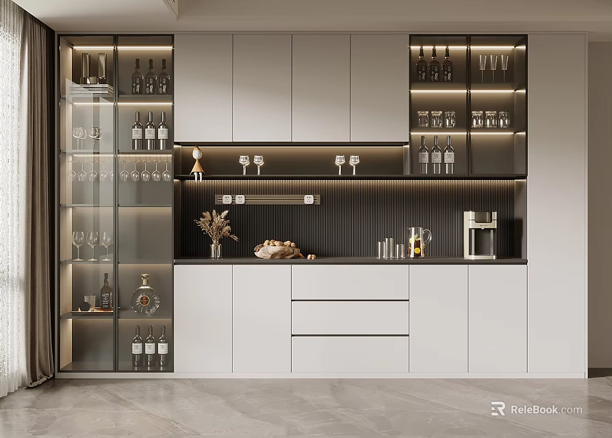 Modern Sleek Wine Cabinet Design In Kitchen Interior With Glass Doors And Displayed Wine Bottles 3d model 