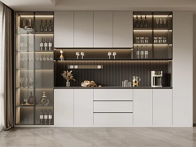 Modern Sleek Wine Cabinet Design In Kitchen Interior With Glass Doors And Displayed Wine Bottles 3d model