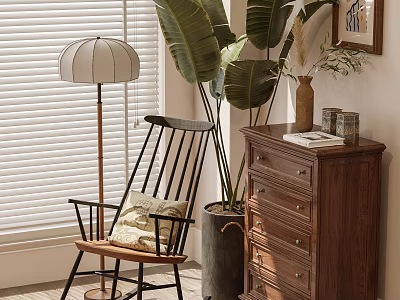 Wooden Dresser In Cozy Living Space With Plants 3d model
