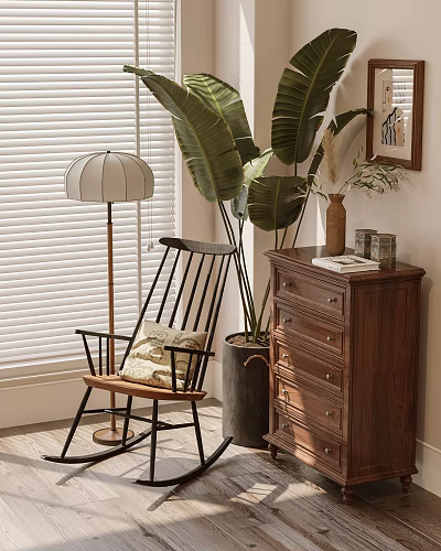 Wooden Dresser In Cozy Living Space With Plants 3d model