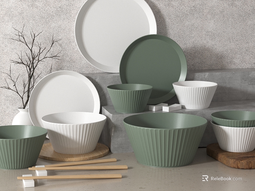 Modern Tableware Set With Green White Bowls Plates And Wooden Chopsticks 3d model 
