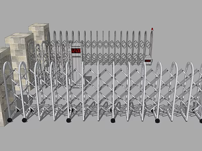 Modern Silver Metal Telescopic Gate With Supporting Pillars For Entrance Security 3d model