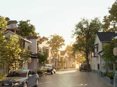 White Walled Black Roofed Traditional Chinese Townhouses On Tree Lined Street With Parked Cars 3d model