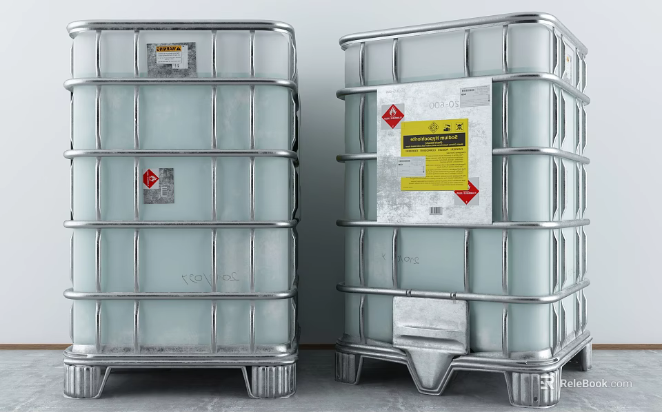 Industrial Equipment IBC Tanks With Metal Frames And Warning Labels For Liquid Storage 3d model 