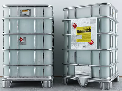 Industrial Equipment IBC Tanks With Metal Frames And Warning Labels For Liquid Storage 3d model