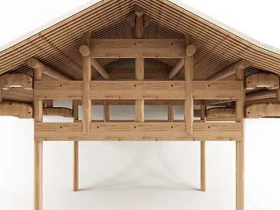 Detailed Traditional Wooden Building Components Featuring Roof Frame Beams And Columns 3d model