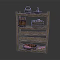 Rustic Wooden Shelf With Multi Layers Storage Baskets Barrel Box And Red Fruits