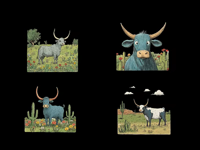 Cow Flower Lawn Tree Cow Clouds Cactus Little Red Flower 3d model