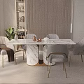 Elegant Modern Dining Table Set With Marble Top Upholstered Chairs Decorative Shelf And Potted Plant