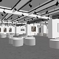 Exhibition Hall Interior With White Circular Platforms Black Spotlights And Wall Art On Blue Flooring