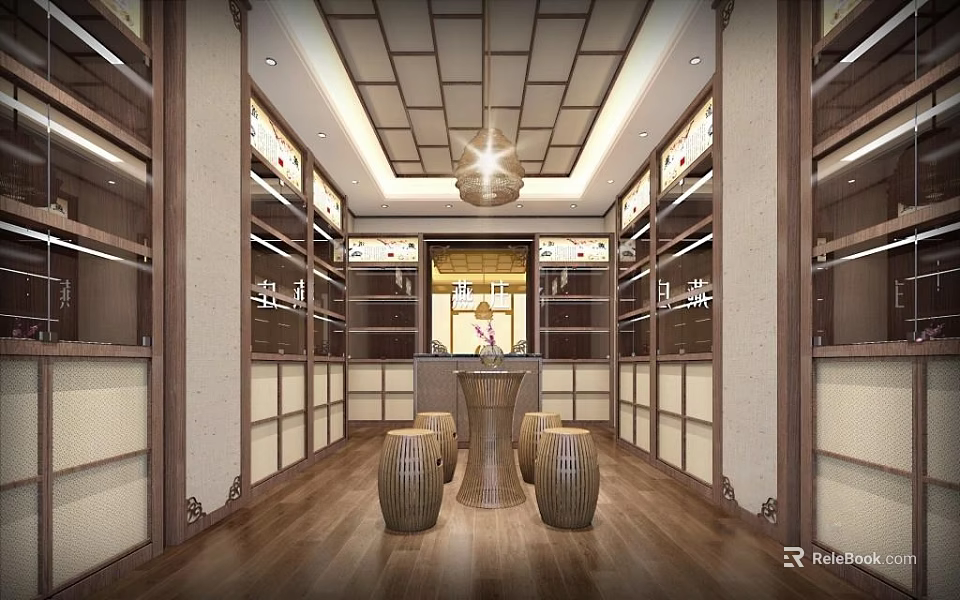 Traditional Style Specialty Store Interior With Wooden Display Shelves Central Table And Hanging Chandelier 3d model 