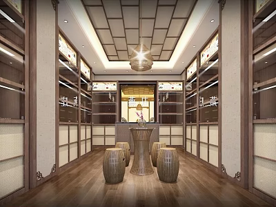Traditional Style Specialty Store Interior With Wooden Display Shelves Central Table And Hanging Chandelier 3d model