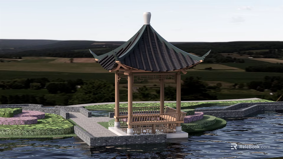Traditional Chinese Pavilion With Tiled Roof On Water Surrounded By Natural Landscape 3d model 