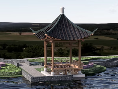 Traditional Chinese Pavilion With Tiled Roof On Water Surrounded By Natural Landscape 3d model