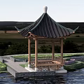Traditional Chinese Pavilion With Tiled Roof On Water Surrounded By Natural Landscape