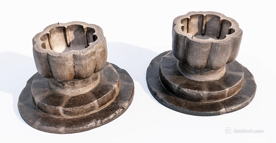 Stone And Wooden Candle Holders With Carved Design And Textured Surface 3d model 