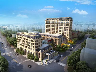 Modern Hospital Building Architectural Design With Multi Story Structure Surrounding Greenery And Roadways 3d model