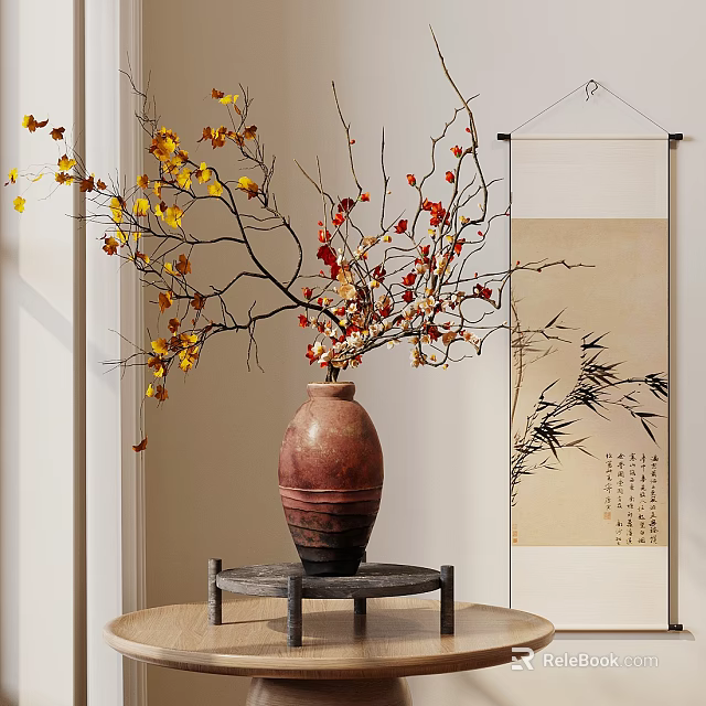 Ceramic Vase With Autumn Colored Branches On Wooden Stand In Room With Scroll Painting 3d model 