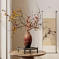 Ceramic Vase With Autumn Colored Branches On Wooden Stand In Room With Scroll Painting