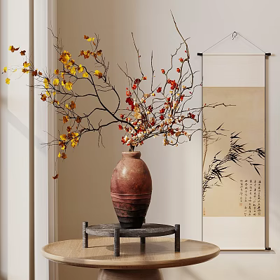 Ceramic Vase With Autumn Colored Branches On Wooden Stand In Room With Scroll Painting 3d model