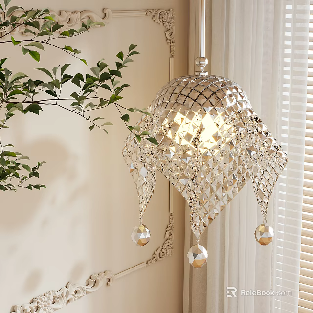 Elegant Unique shaped Crystal Chandelier With Diamond Cut Mesh Design And Hanging Beads 3d model 