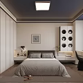 Modern Bedroom with Gray Bedspread Nightstands Wall Painting White Cabinet Circular Holes and Desk Chair