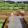 Scenic Park Landscape with Wooden Arbor Vines Giant Strawberry Models Fruit Stall and Green Trees