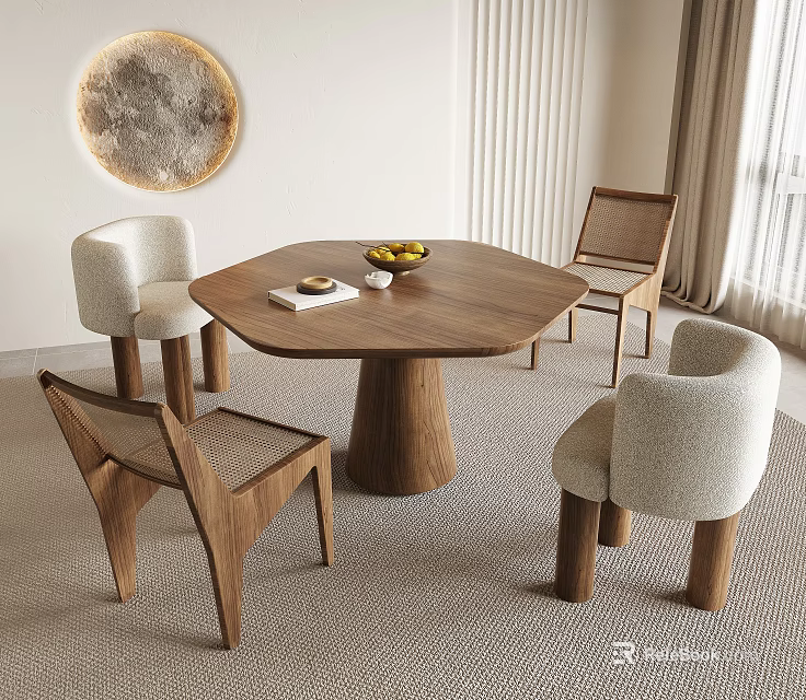 Hexagonal Wooden Dining Table Set With Upholstered And Woven Back Chairs 3d model