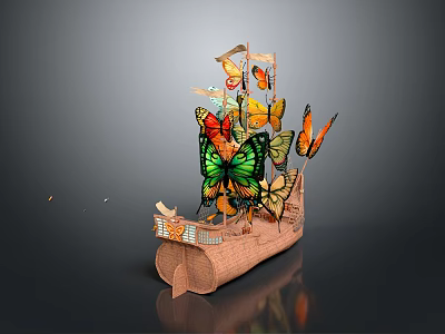 Decorative Paper Boat Model Adorned With Colorful Butterflies And Ornamental Details 3d model