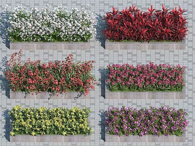 Colorful Flower Varieties In Rectangular Planter Boxes With Various Colors On Brick Wall 3d model