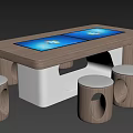Modern Wooden Table with Two Windows Screens and Round Stools Set Design 3d model