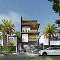 Modern Detached Villa Exterior Design with Balcony Plants and Palm Trees