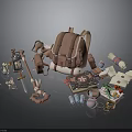 Adventure Travel Gear Collection With Backpack Lantern Scroll Sword And Letters