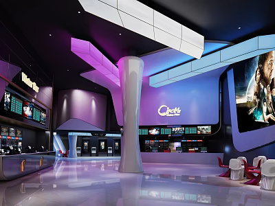 Modern Cinema Lobby With Purple And Blue Lighting Movie Posters Ticket Machines And Seats 3d model