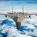 Military Fighter Jet Flying High Above Cloudy Blue Sky With Weapons