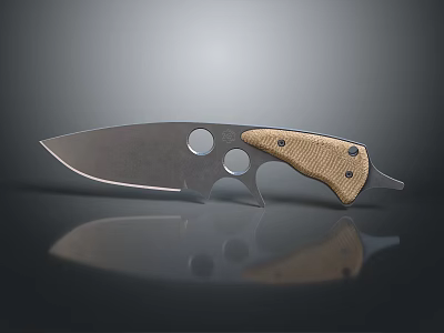Stainless Steel Tactical Knife With Textured Wooden Handle And Circular Blade Cutouts 3d model