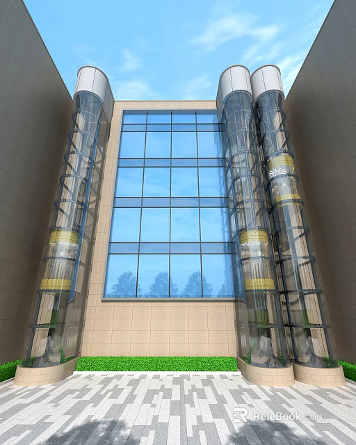 Modern Transparent Elevator with Glass Shaft and Gold Accents on Building Exterior 3d model 
