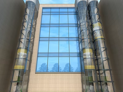Modern Transparent Elevator with Glass Shaft and Gold Accents on Building Exterior 3d model