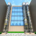 Modern Transparent Elevator with Glass Shaft and Gold Accents on Building Exterior